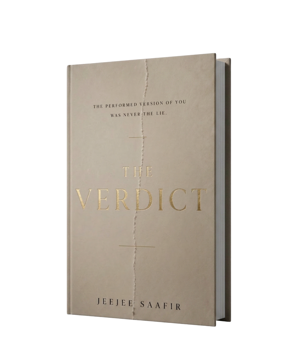 The Verdict by JeeJee Saafir — book cover with gold foil typography on cream linen